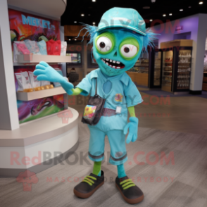 Teal zombie mascot costume character dressed with Capri Pants and Coin purses