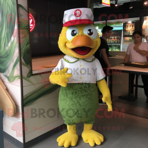 Olive Fried Chicken mascot costume character dressed with Shorts and Caps