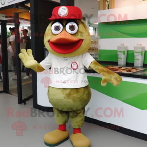 Olive Fried Chicken mascot costume character dressed with Shorts and Caps