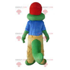 Mascote crocodilo verde vestido de amarelo e azul -