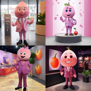 Pink Plum mascot costume character dressed with a Jacket and Lapel pins