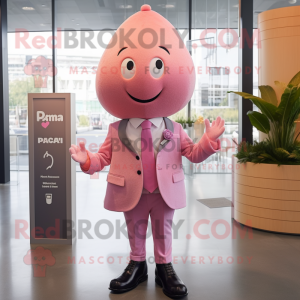 Pink Plum mascot costume character dressed with a Jacket and Lapel pins