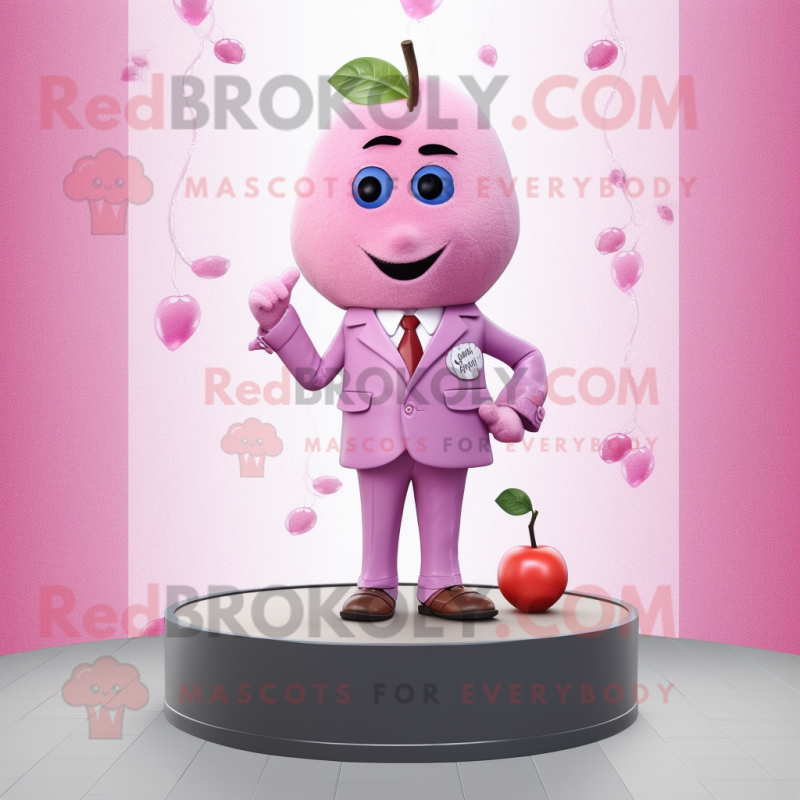 Pink Plum mascot costume character dressed with a Jacket and Lapel pins