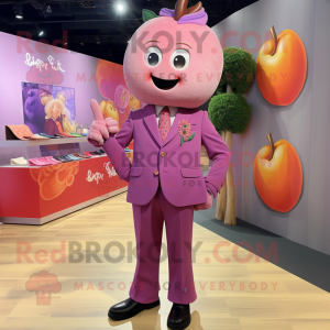 Pink Plum mascot costume character dressed with a Jacket and Lapel pins