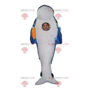 Mascote golfinho gigante e muito realista de azul e branco -