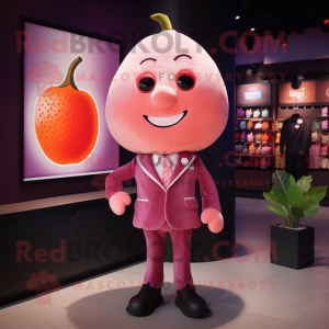Pink Plum mascot costume character dressed with a Jacket and Lapel pins