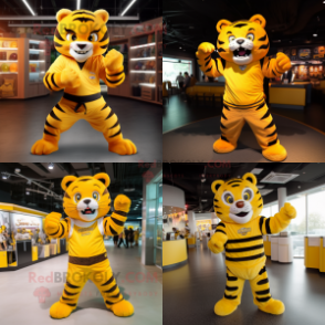 Yellow Tiger mascot costume character dressed with a Jumpsuit and Belts