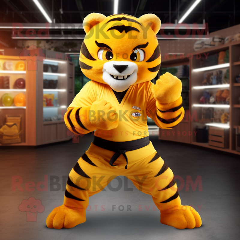 Yellow Tiger mascot costume character dressed with a Jumpsuit and Belts