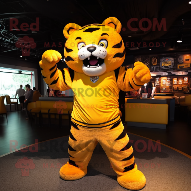 Yellow Tiger mascot costume character dressed with a Jumpsuit and Belts