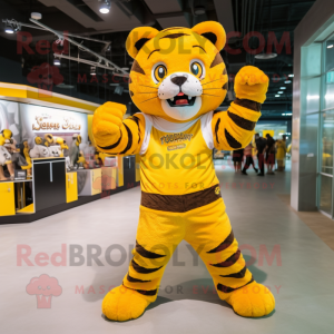 Yellow Tiger mascot costume character dressed with a Jumpsuit and Belts