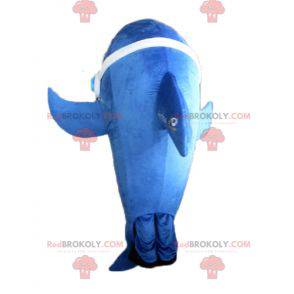Mascote golfinho gigante e muito realista de azul e branco -