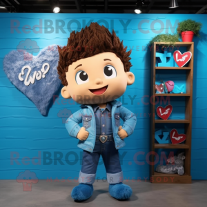 Cyan Arrow Of Love mascot costume character dressed with a Jeans and Hair clips