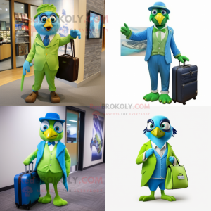 Lime Green Blue Jay mascot costume character dressed with a Culottes and Briefcases