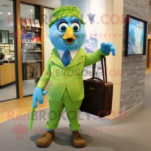 Lime Green Blue Jay mascot costume character dressed with a Culottes and Briefcases