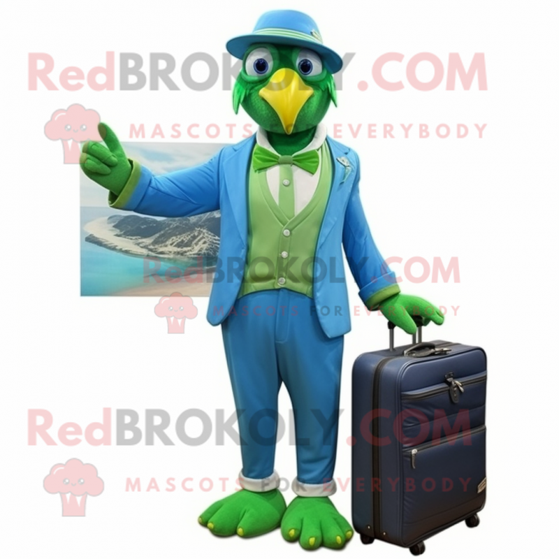 Lime Green Blue Jay mascot costume character dressed with a Culottes and Briefcases