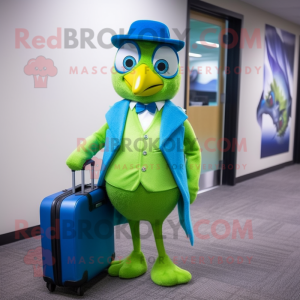 Lime Green Blue Jay mascot costume character dressed with a Culottes and Briefcases