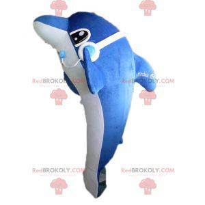 Giant and very realistic blue and white dolphin mascot -