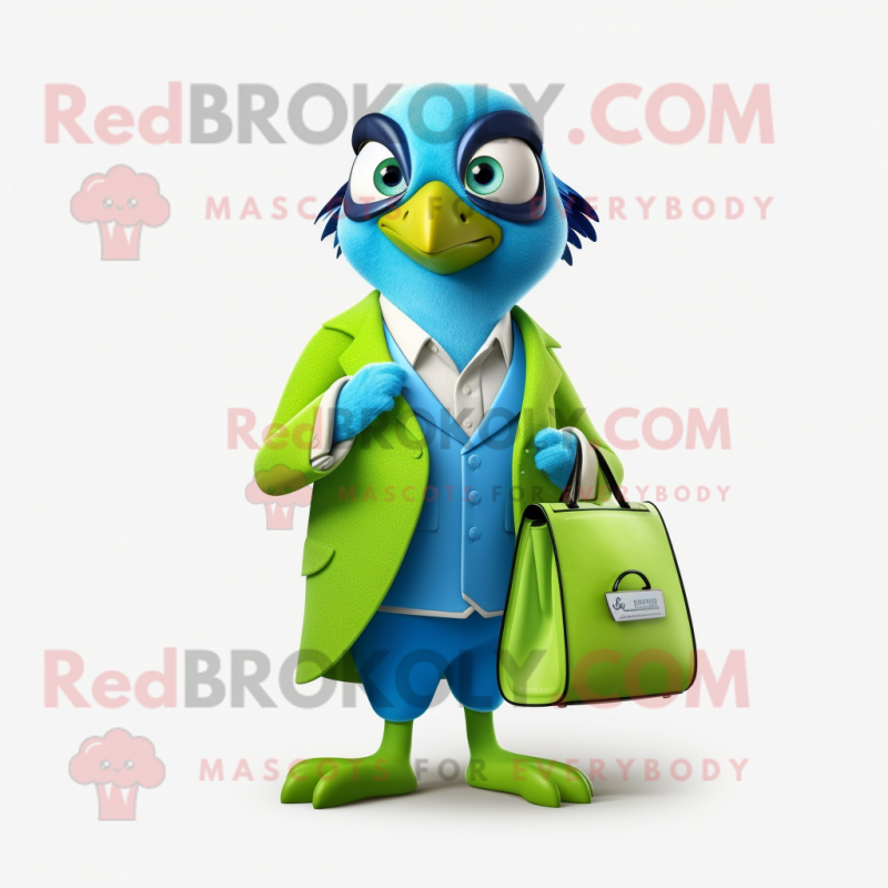 Lime Green Blue Jay mascot costume character dressed with a Culottes and Briefcases