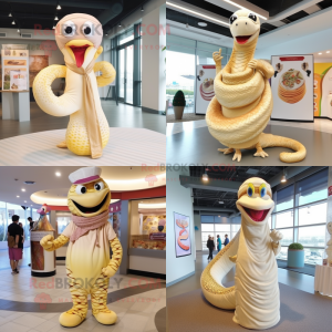 Cream Snake mascot costume character dressed with a Dress Pants and Headbands