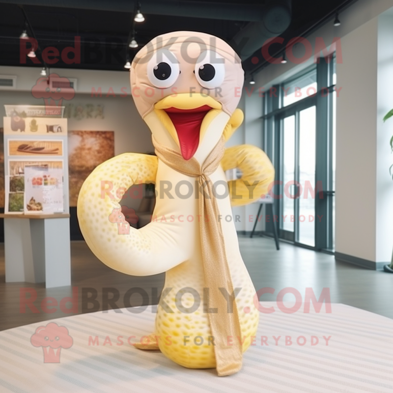 Cream Snake mascot costume character dressed with a Dress Pants and Headbands