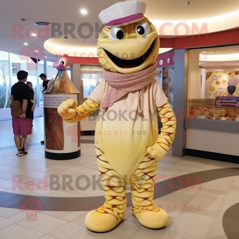 Cream Snake mascot costume character dressed with a Dress Pants and Headbands