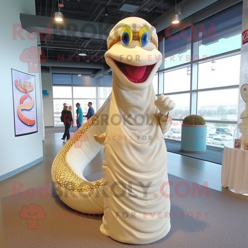 Cream Snake mascot costume character dressed with a Dress Pants and Headbands