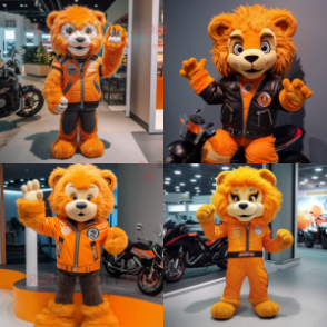 Orange Lion mascot costume character dressed with a Moto Jacket and Mittens