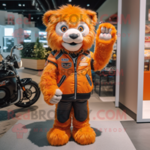 Orange Lion mascot costume character dressed with a Moto Jacket and Mittens