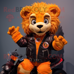 Orange Lion mascot costume character dressed with a Moto Jacket and Mittens