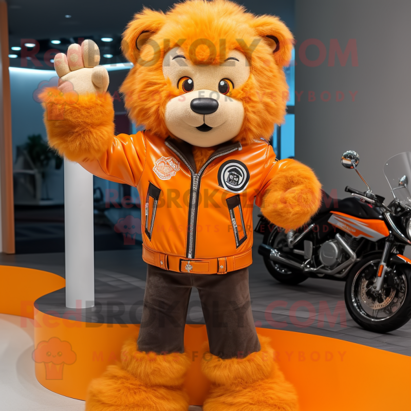 Orange Lion mascot costume character dressed with a Moto Jacket and Mittens