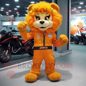 Orange Lion mascot costume character dressed with a Moto Jacket and Mittens