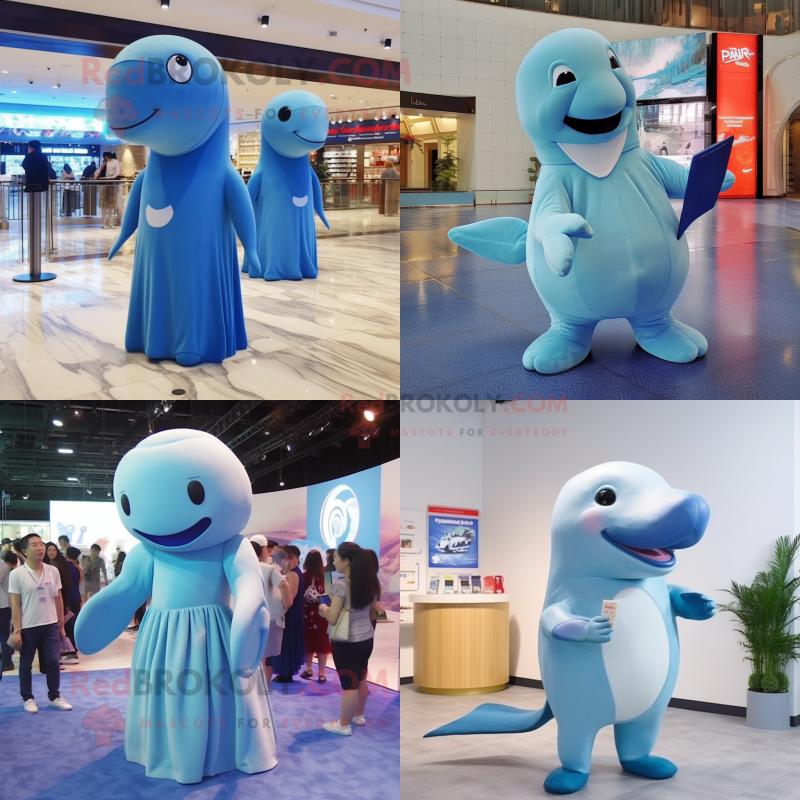 Blue Beluga Whale mascot costume character dressed with a Midi Dress and Coin purses