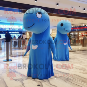 Blue Beluga Whale mascot costume character dressed with a Midi Dress and Coin purses