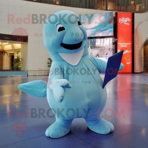 Blue Beluga Whale mascot costume character dressed with a Midi Dress and Coin purses