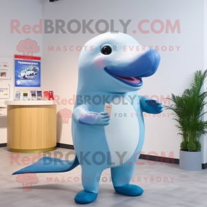 Blue Beluga Whale mascot costume character dressed with a Midi Dress and Coin purses