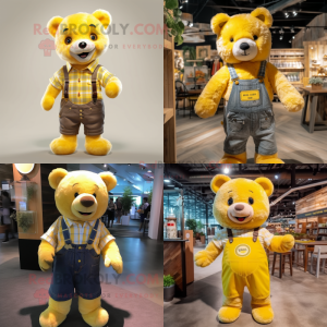 Lemon Yellow Teddy Bear mascot costume character dressed with a Flannel Shirt and Suspenders