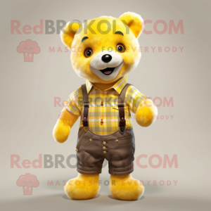 Lemon Yellow Teddy Bear mascot costume character dressed with a Flannel Shirt and Suspenders