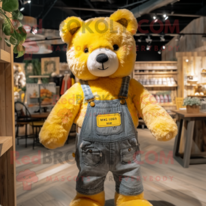 Lemon Yellow Teddy Bear mascot costume character dressed with a Flannel Shirt and Suspenders