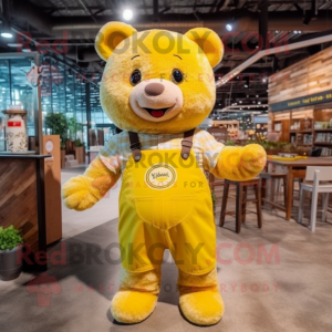 Lemon Yellow Teddy Bear mascot costume character dressed with a Flannel Shirt and Suspenders