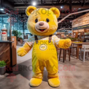 Lemon Yellow Teddy Bear mascot costume character dressed with a Flannel Shirt and Suspenders