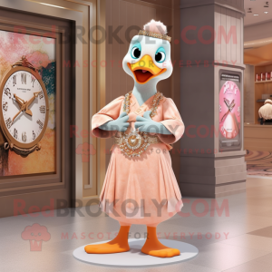 Peach Goose mascot costume character dressed with a Maxi Dress and Bracelet watches