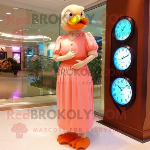 Peach Goose mascot costume character dressed with a Maxi Dress and Bracelet watches
