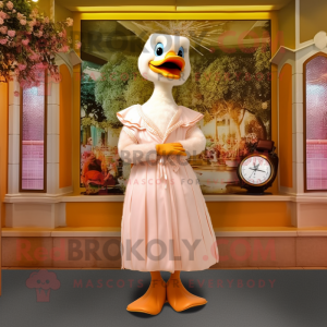 Peach Goose mascot costume character dressed with a Maxi Dress and Bracelet watches