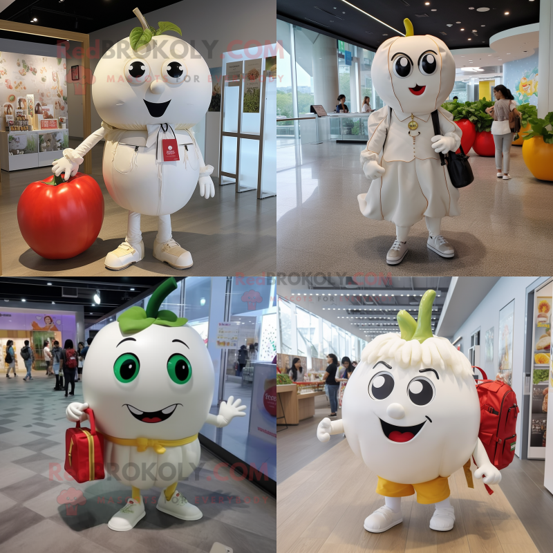 White Tomato mascot costume character dressed with a A-Line Dress and Backpacks