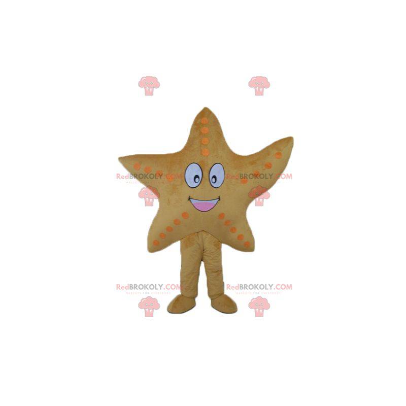 Mascote estrela do mar amarela gigante e sorridente -