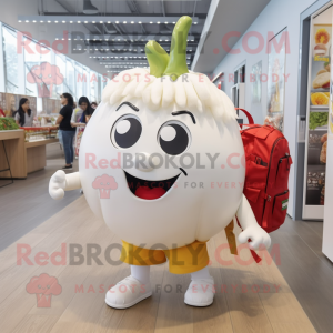 White Tomato mascot costume character dressed with a A-Line Dress and Backpacks