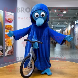 Blue Unicyclist mascot costume character dressed with a Hoodie and Shawls