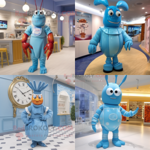 Sky Blue Lobster Bisque mascot costume character dressed with a Empire Waist Dress and Digital watches
