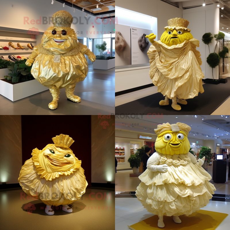 Gold Cabbage mascot costume character dressed with a Wedding Dress and Shoe clips