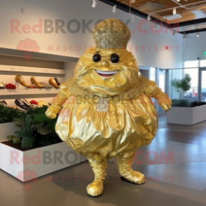Gold Cabbage mascot costume character dressed with a Wedding Dress and Shoe clips